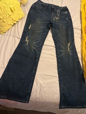 Flared Distressed Dark Blue Jeans - Women's Wide Leg